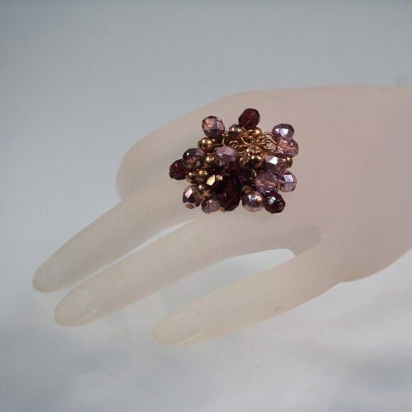 Cocktail Ring Purple And Gold Tone Beaded Ring Size 8 - Picture 9 of 12